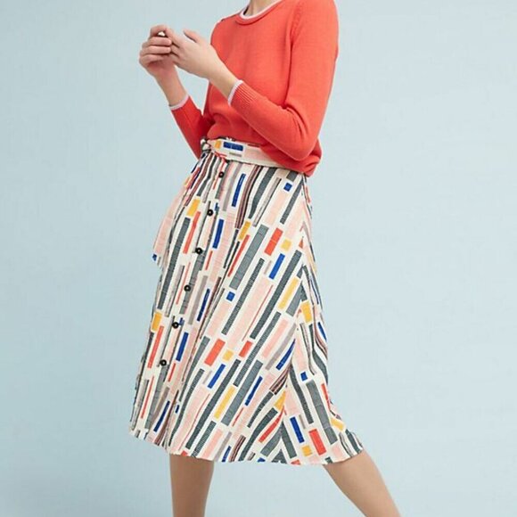 Anthropologie 50’s A-Line Midi Skirt 6 Button Front Striped Belted Pockets Hutch - Picture 6 of 9